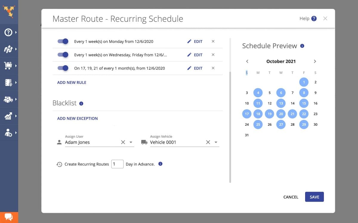 Delivery schedules for recurring orders on multi stop route planner for distribution and middle mile logistics