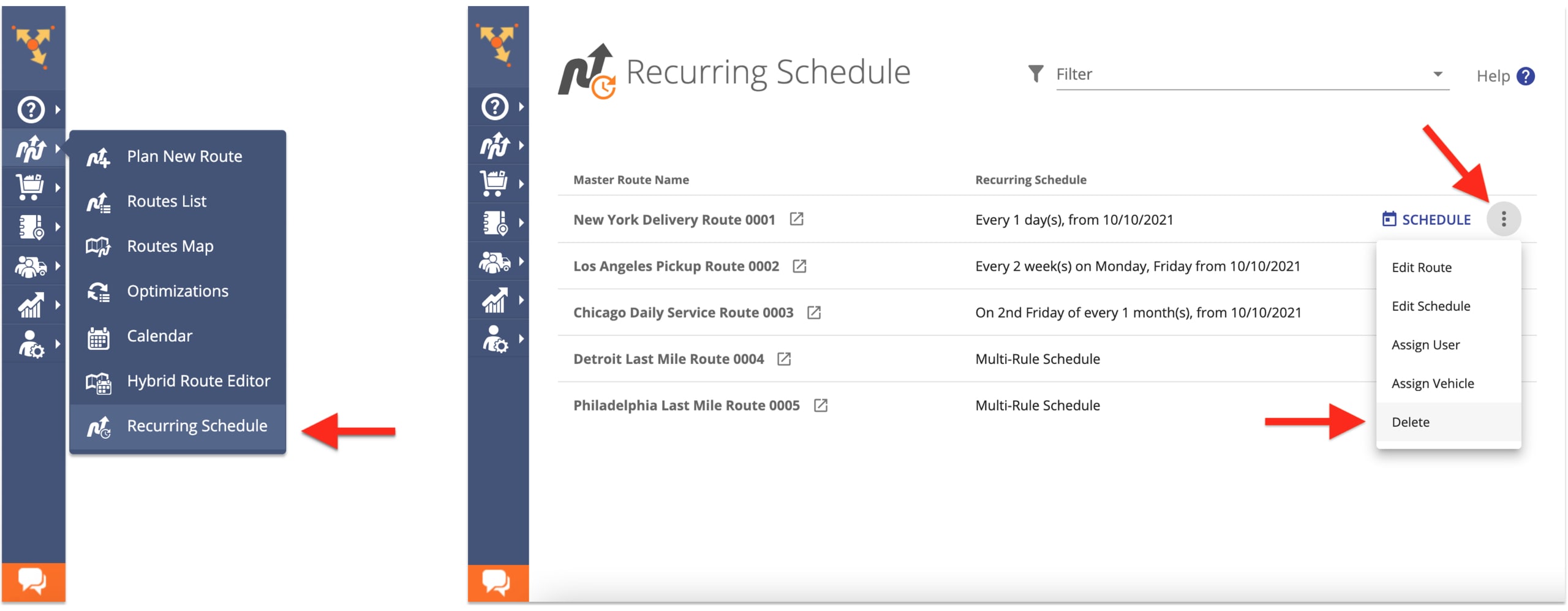 Open Recurring Schedule to manage delivery calendar & repeat routes on route planning software.