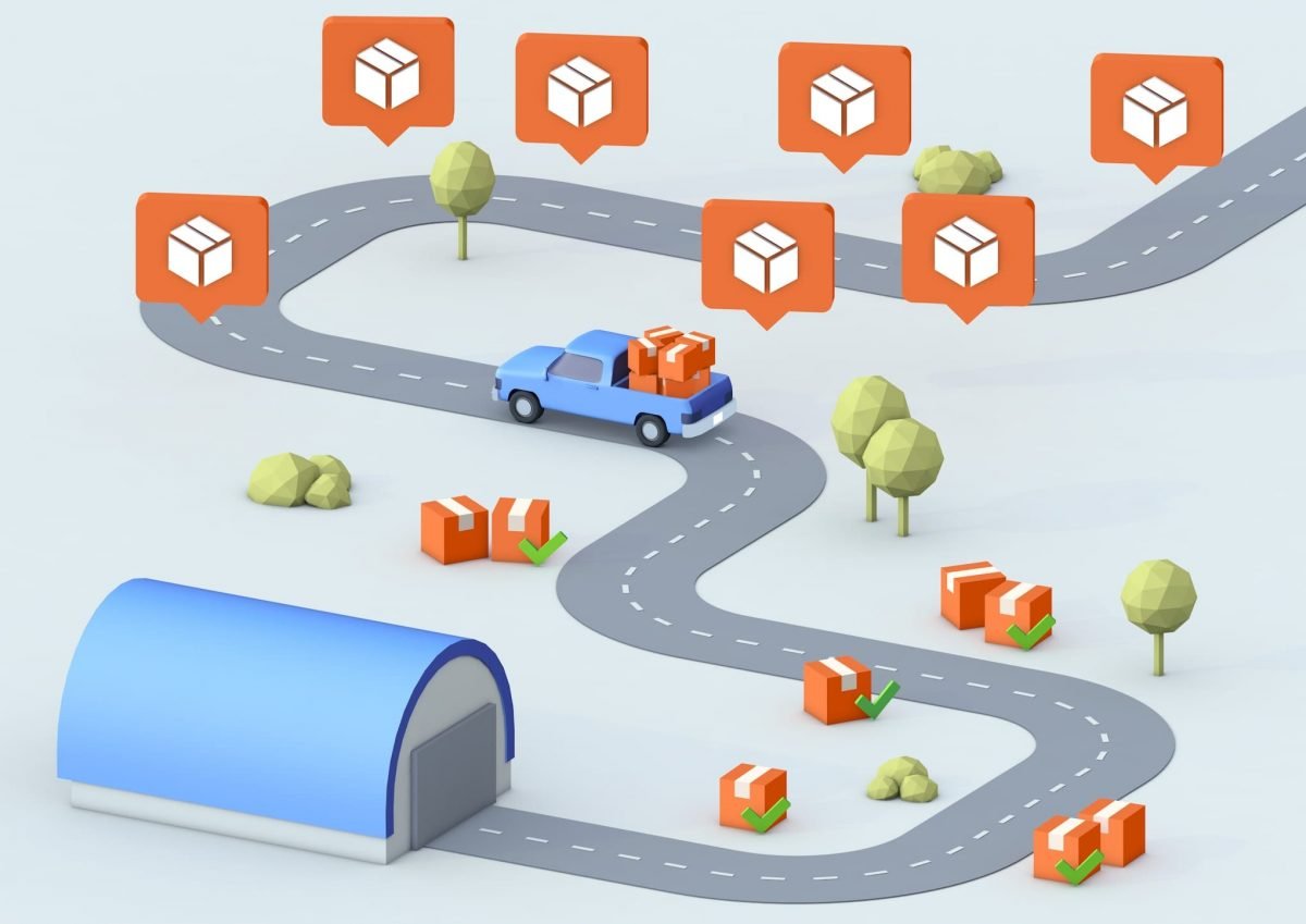 Optimizing warehousing operations for faster delivery with delivery car on a route departing from a warehouse.