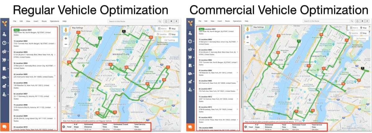 Regular route optimization vs route optimization for trucks and commercial vehicles or CMVs on truck routing software