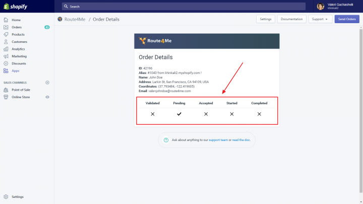 Route4Me route planner - Shopify eCommerce platform integration displaying customer online order details and delivery details