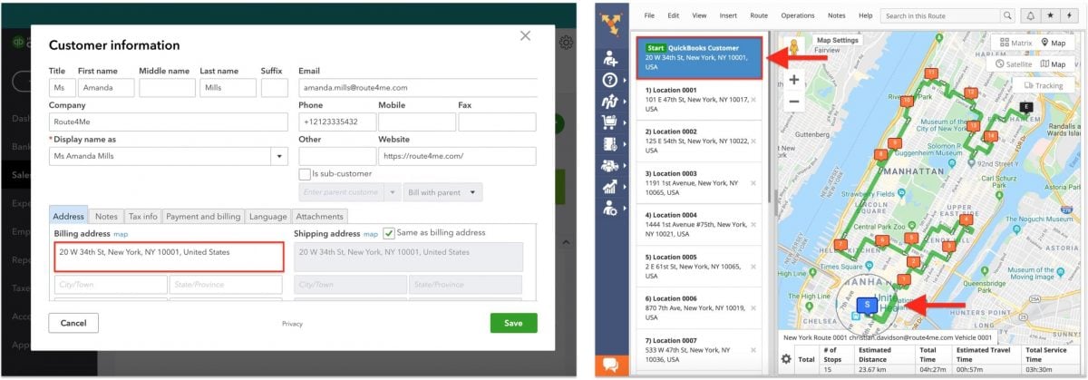 Importing CRM contacts to plan routes for local distribution and middle mile logistics on multi stop route planner