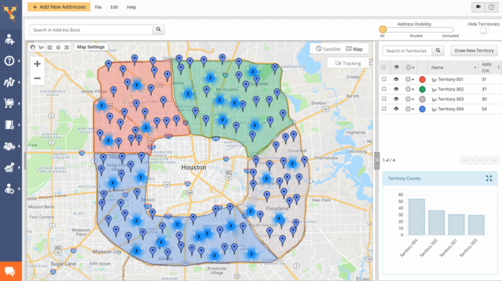Sales territories with customer addresses on route planner map