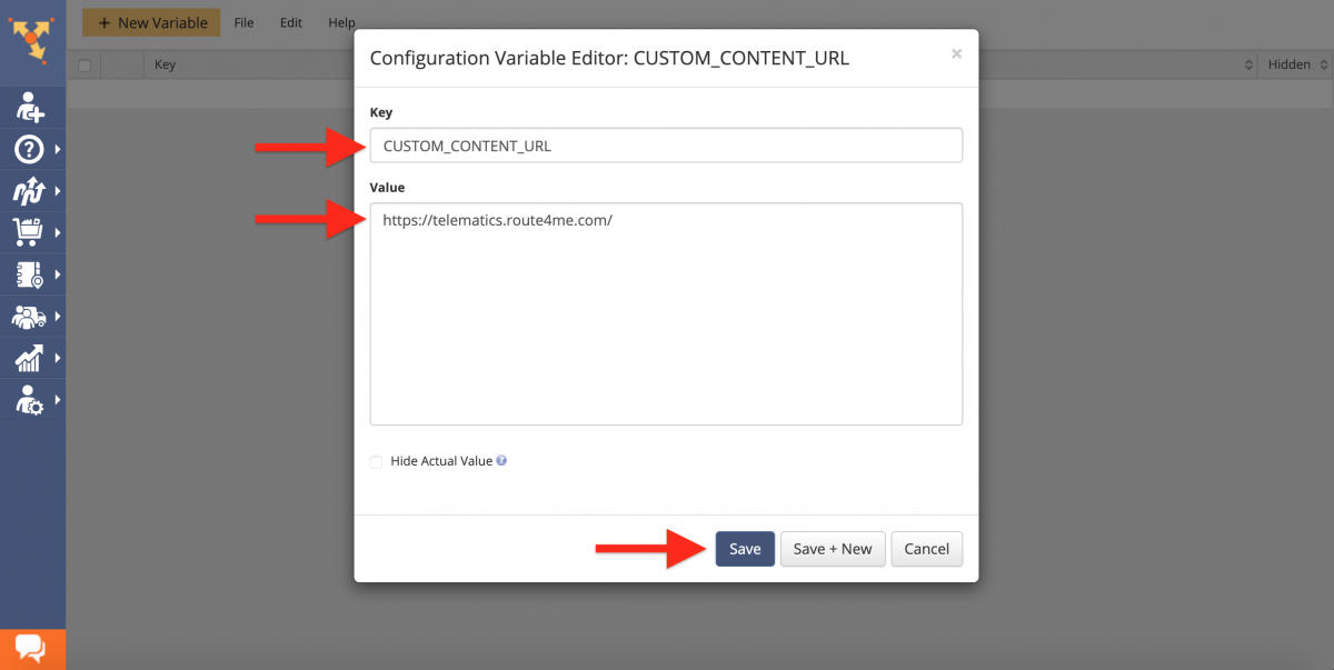 Use route planning software white labeling config to add custom content website URL to the app.