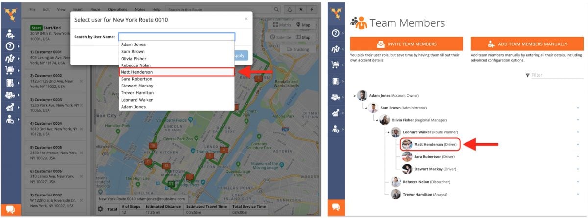 Splitting a planned route among delivery drivers and assigning each route to a driver.