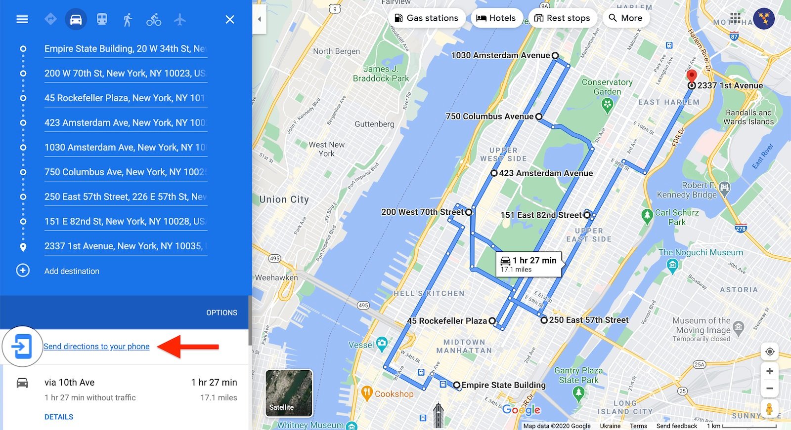 Sending a multi stop route to your phone on Google Maps route planner