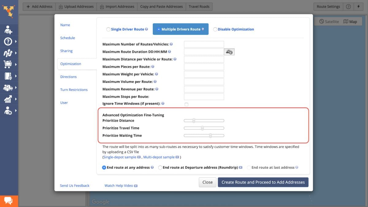 Route optimization business rules, customer variables, and optimization constraints on route planner for delivery