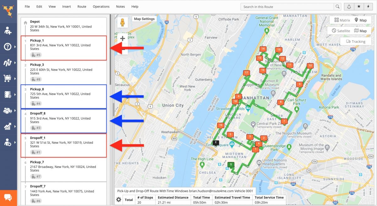 Planned route with multiple pickup and dropoff locations to optimize product returns and reduce order fulfillment costs