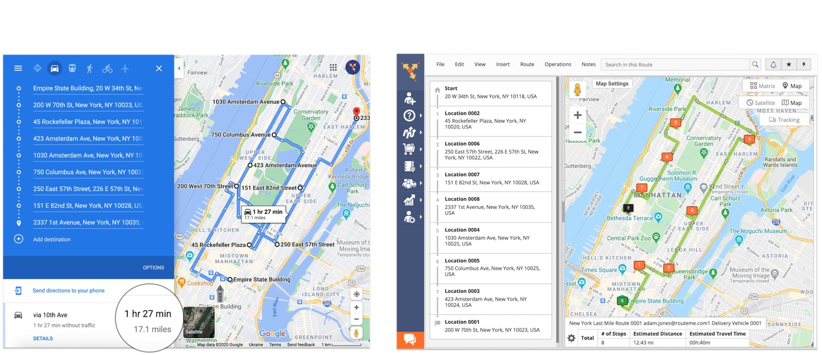 Planlagt flerstoppsrute på Google Maps Web Route Planner vs Planned Road on Routing Software