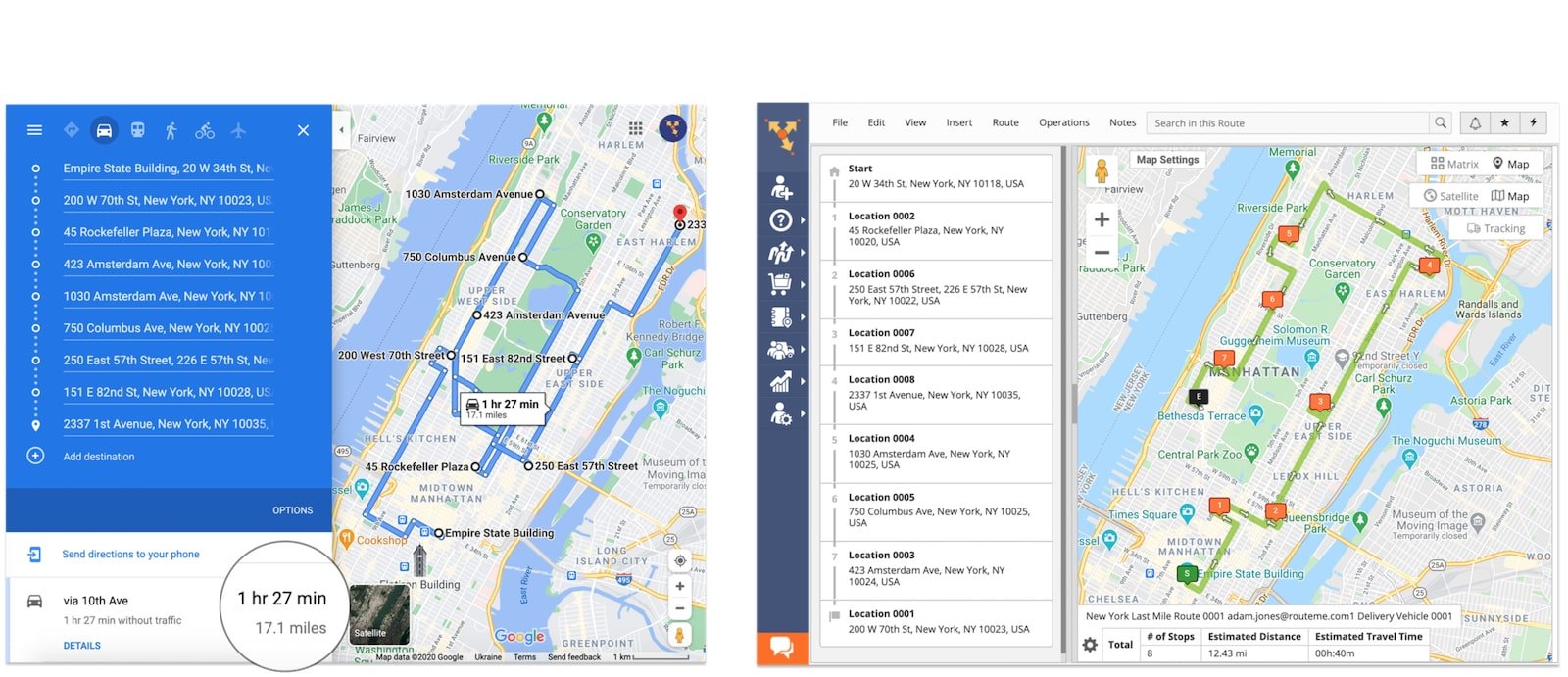 Planned multi stop route on Google Maps web route planner vs planned route on routing software