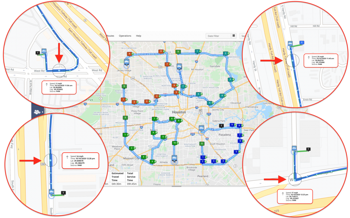 Track your telematics vehicles and dispatched drivers on delivery routes in near real-time.