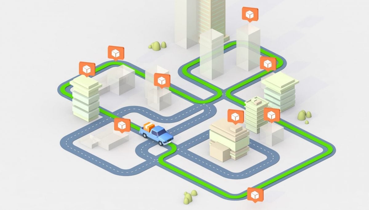 Delivery car navigating an optimized route with multiple stops to drop off packages at customers' delivery addresses