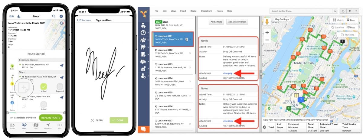 Collecting paperless POD and electronic proof of service on route planner app for field service technicians