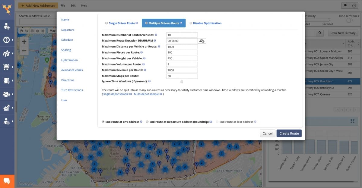 Route planning business rules and optimization constraints on truck routing software for retail distribution logistics.