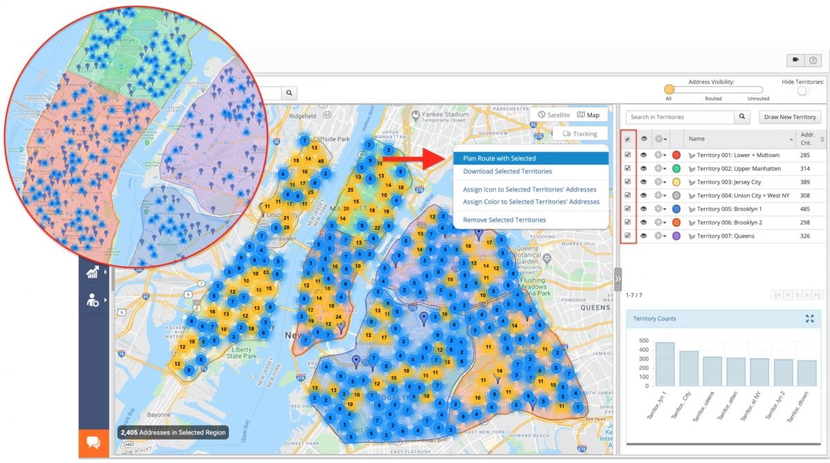 Route planning and optimization with multiple service call addresses on field service management software