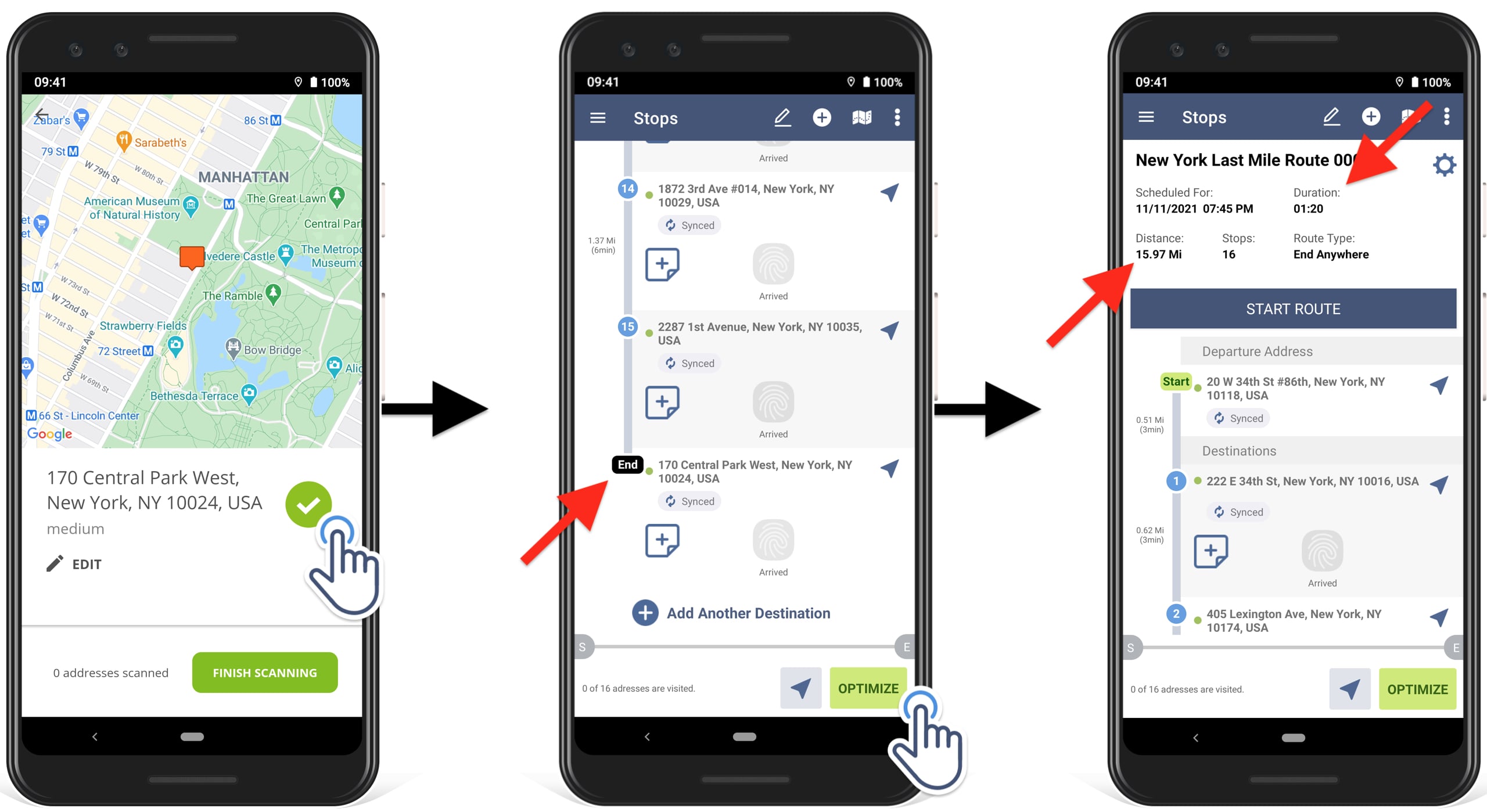 Scan to add new addresses into a planned route and re-optimize the route with new scanned addresses.