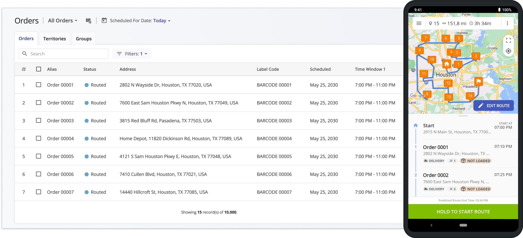 Route planning for package delivery with a delivery driver driving on a multi stop route dropping off packages