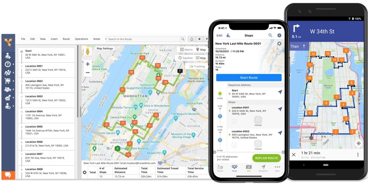 Route dispatch from routing software to delivery drivers' multi stop route planner apps with navigation maps