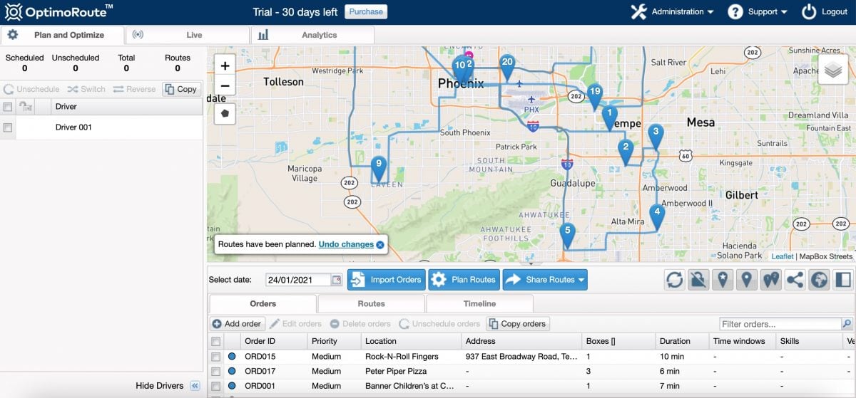 Multi stop routes for deliveries planned on OptimoRoute, one of the best route planner apps in 2021