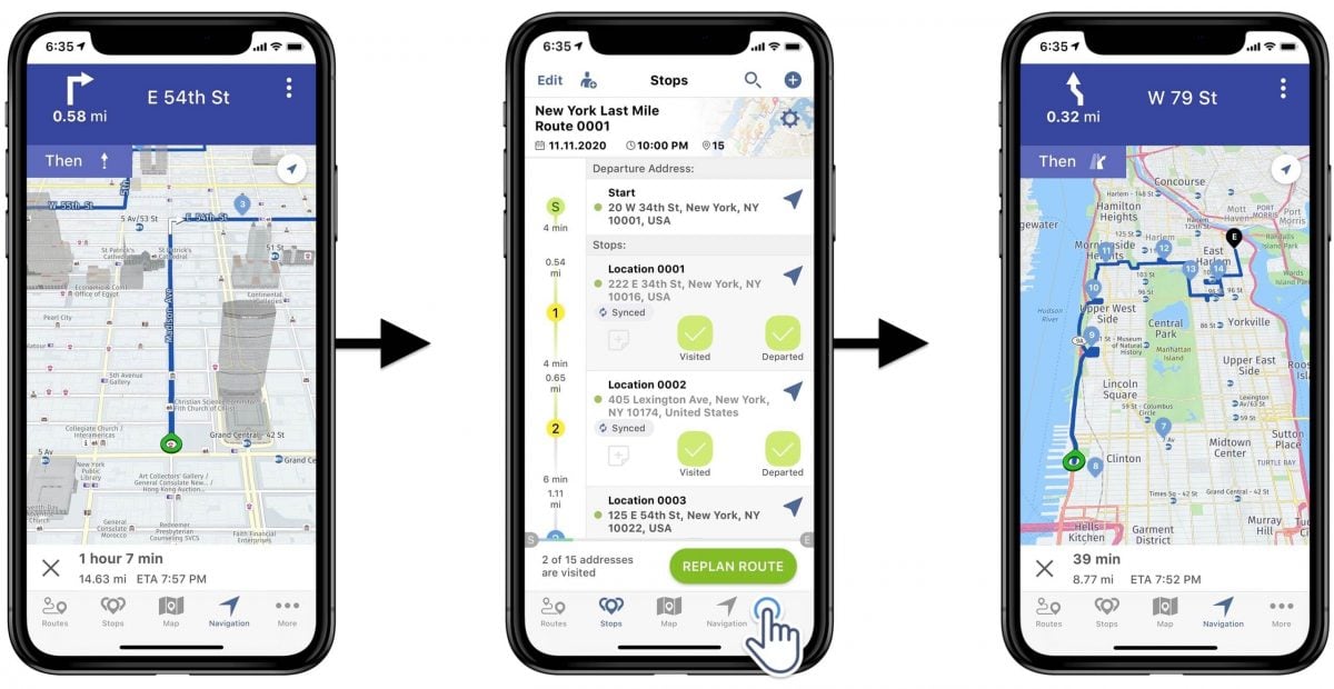 Making dynamic changes and adding addresses into planned and dispatched routes on route planner with voice GPS navigation