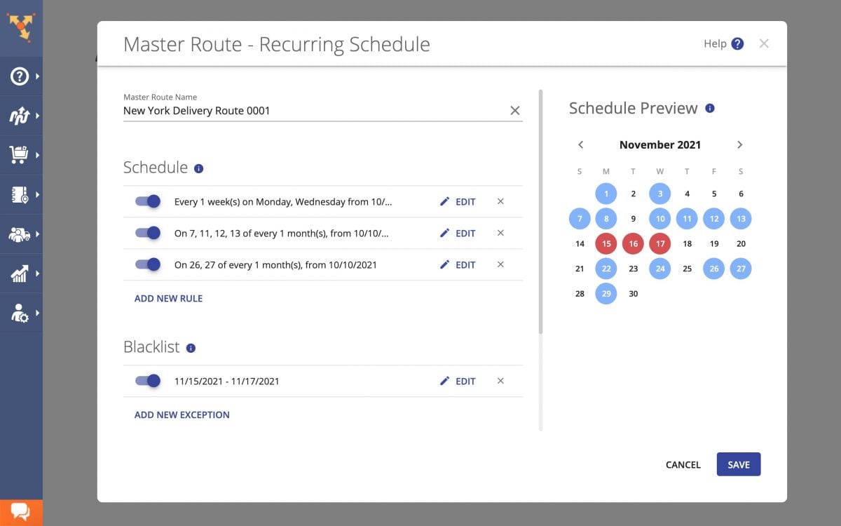 Scheduling reusable template routes for recurring and repetitive retail distribution routes on truck routing software.