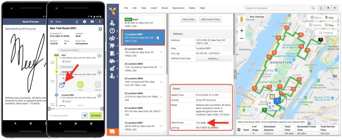 Paperless POD and electronic proof of delivery files collected with route planner app on routing software for deliveries