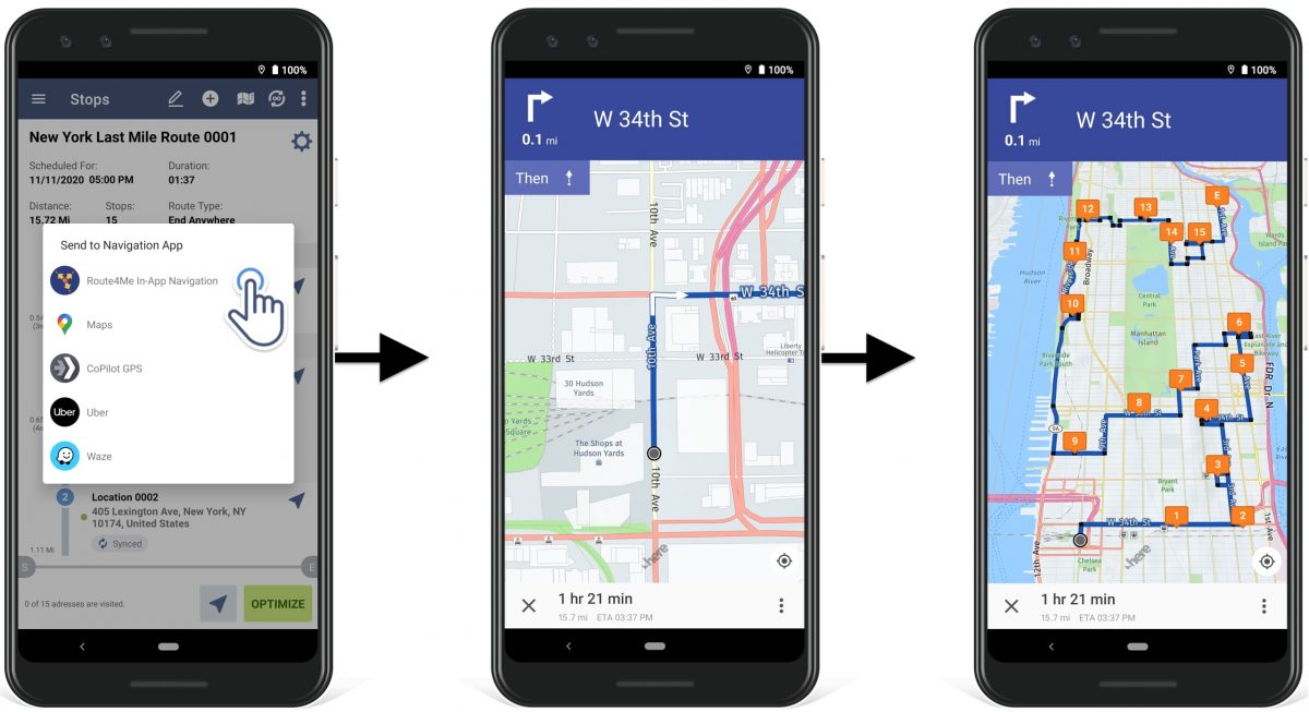 Navigating multi stop driver routes on route planner app with voice GPS navigation
