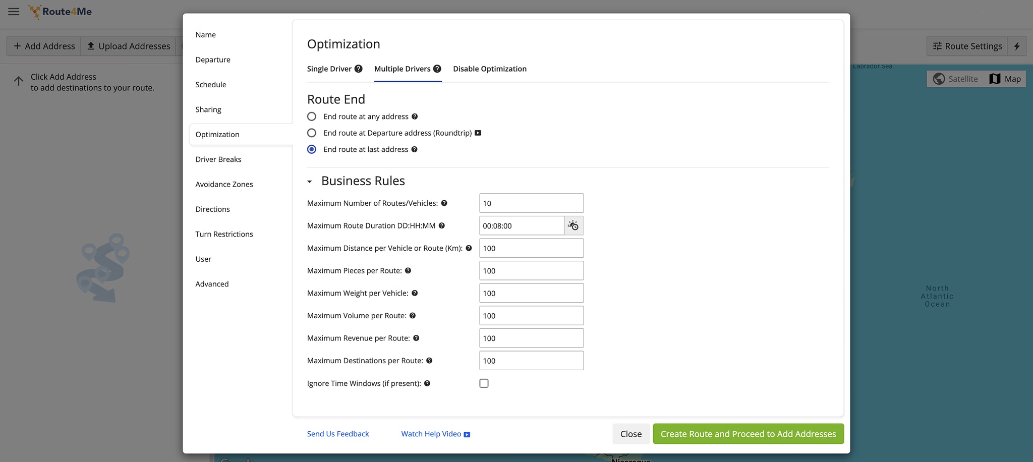 Route planning business rules and optimization constraints on truck routing software for retail distribution logistics.
