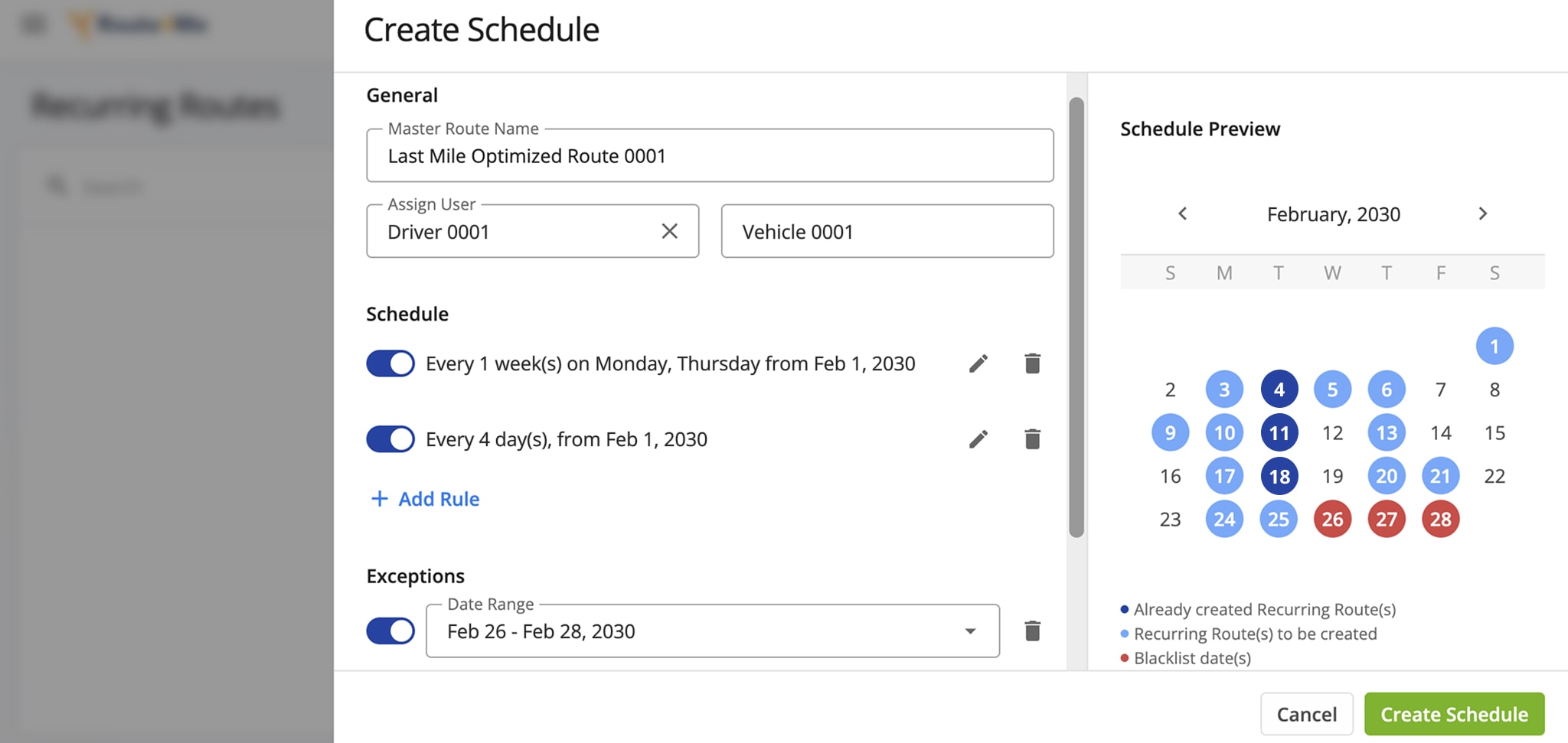 Scheduling repeat bookings for planning multi-stop routes on field service scheduling software