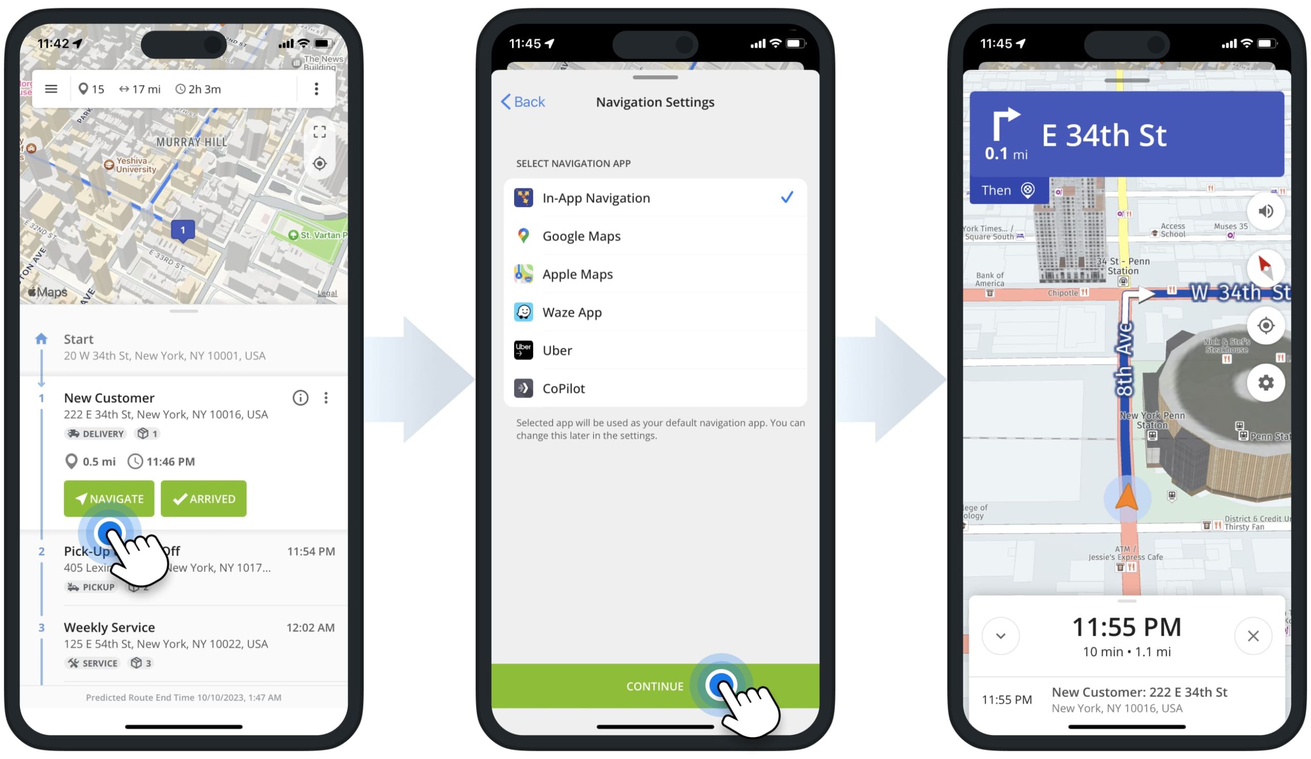 GPS navigation with voice-guided driving directions, 3D buildings, and real-time traffic updates for grocery delivery drivers