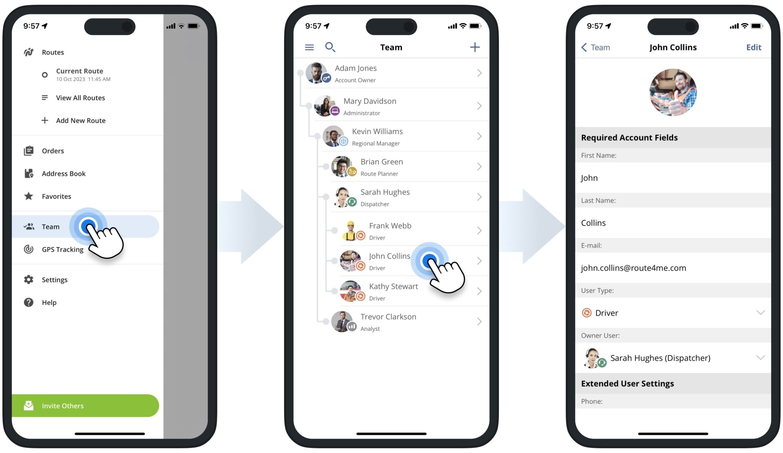 Creating profiles for courier drivers, dispatchers, and other team members of a courier services business on courier app.
