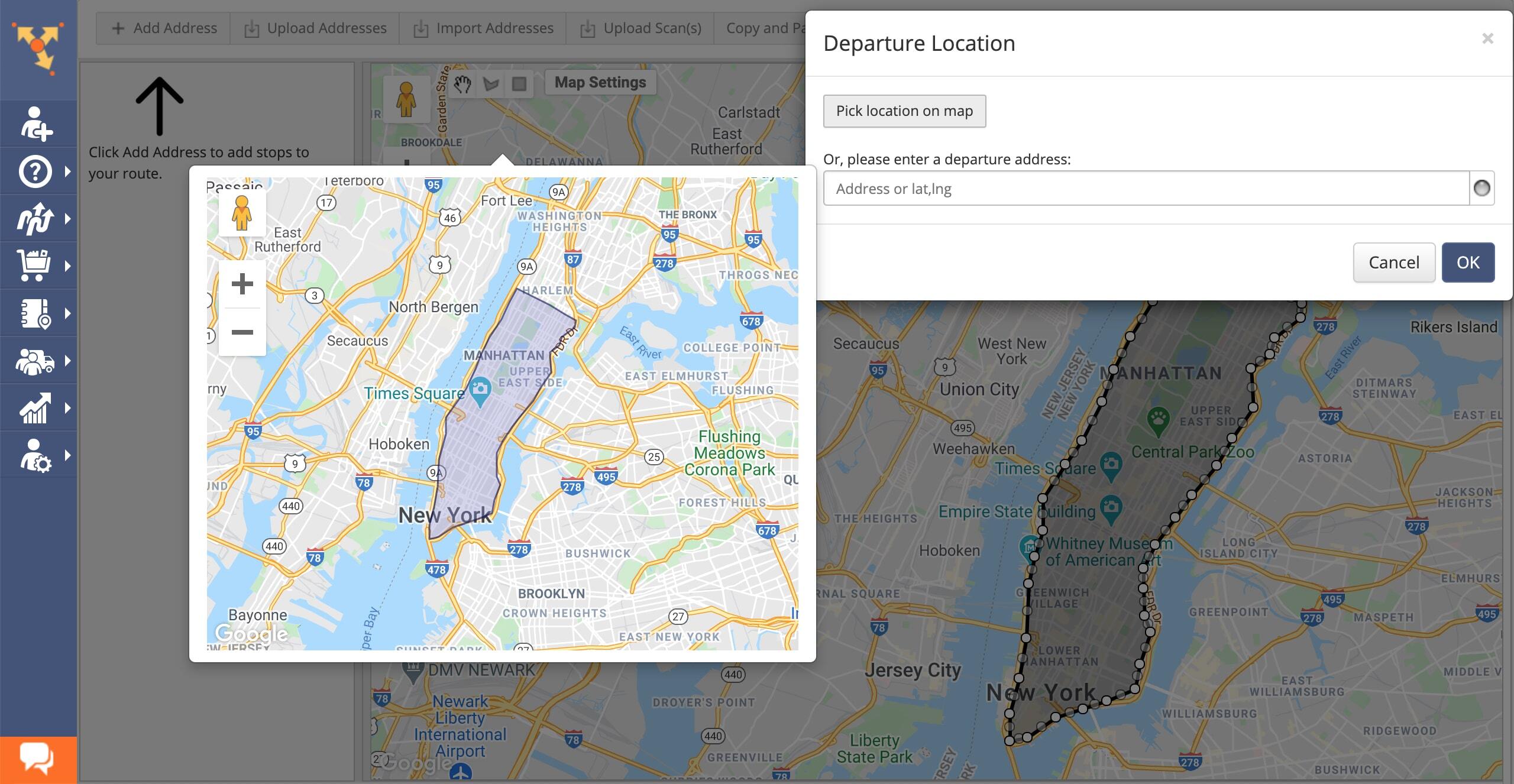 Drawing service areas on a map for snow plow route optimization using snow removal management software