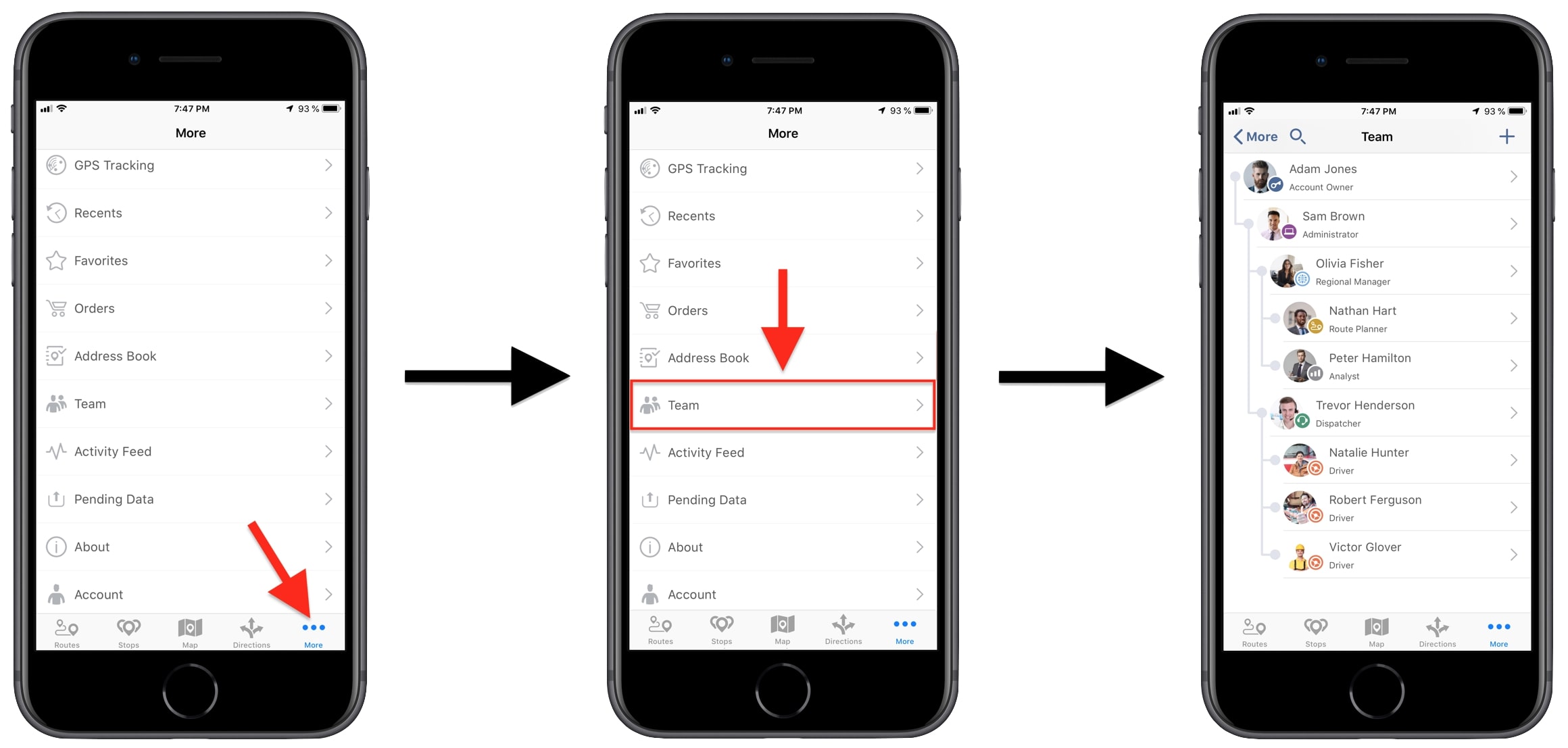 Creating profiles for courier drivers, dispatchers, and other team members of a courier services business on courier app