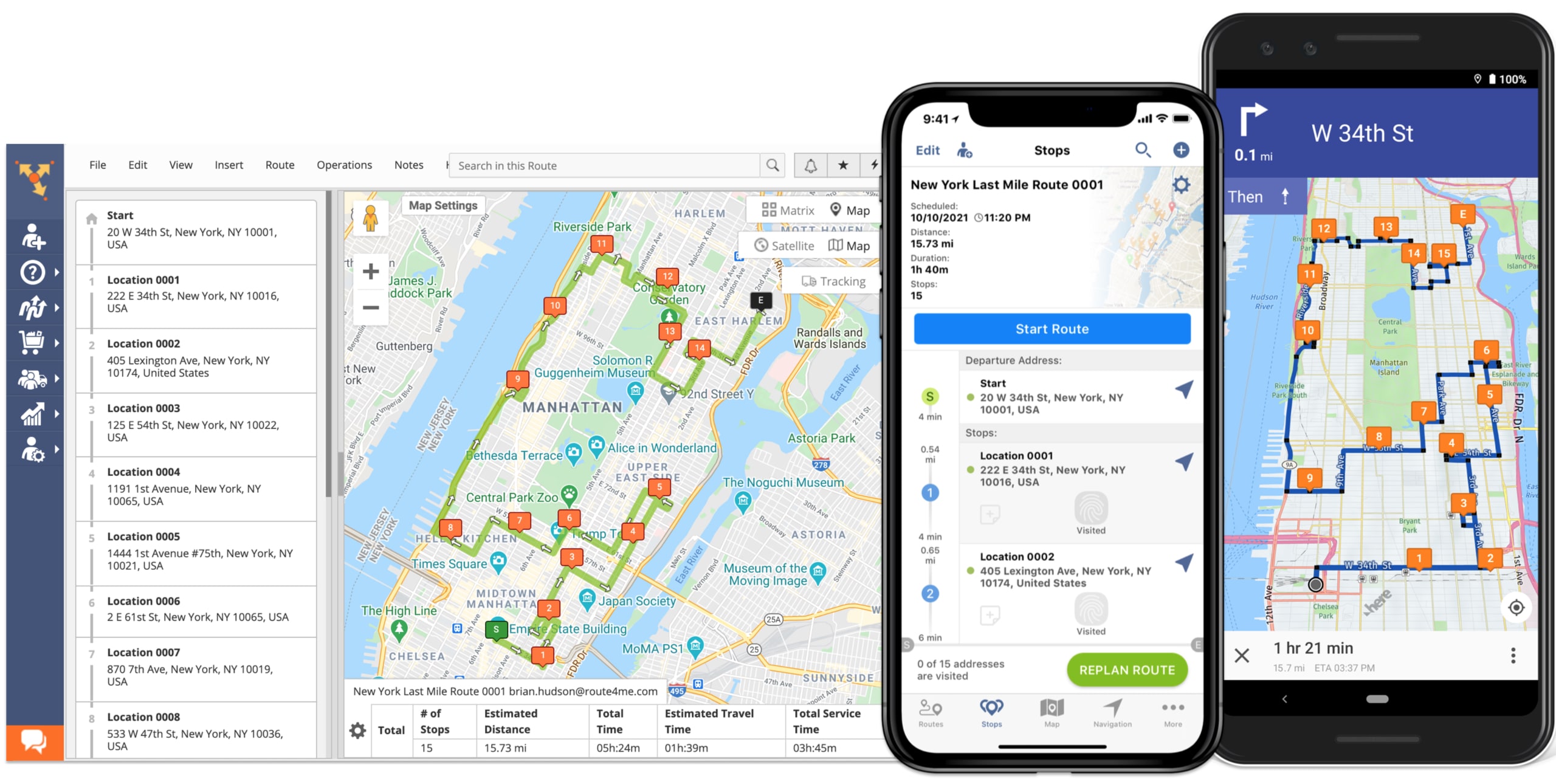 Route dispatch from route optimization software to couriers' route planner apps with voice-guided navigation.