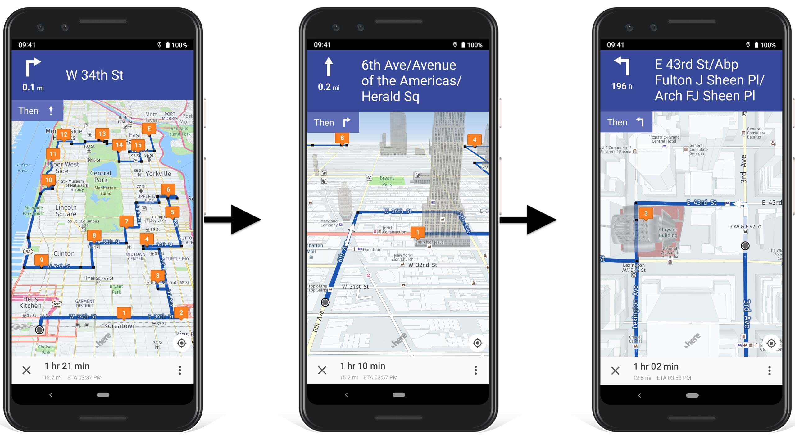 GPS navigation with voice-guided driving directions, 3D buildings, and real-time traffic updates for grocery delivery drivers