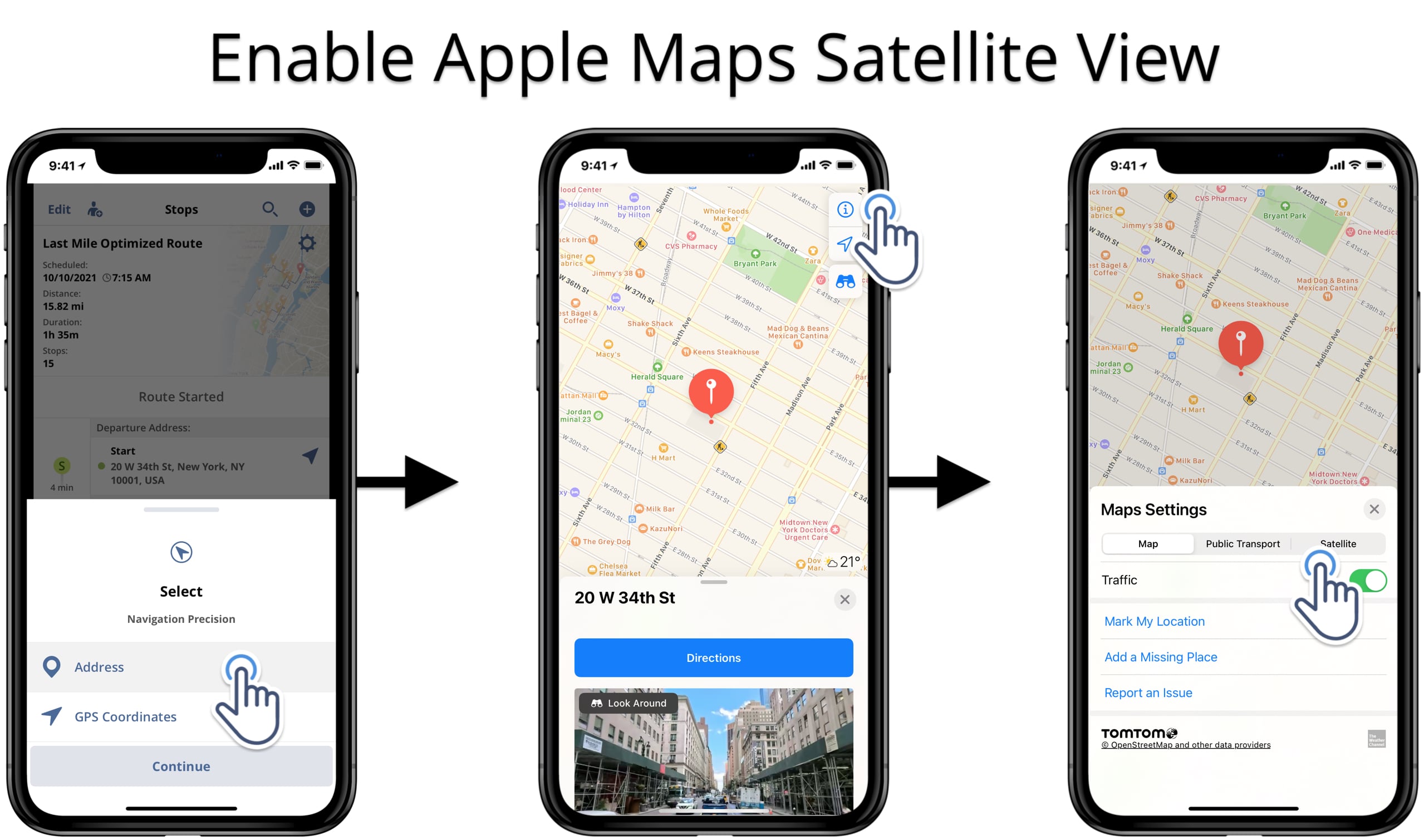 Enable Apple Maps satellite view for route planner route destinations.