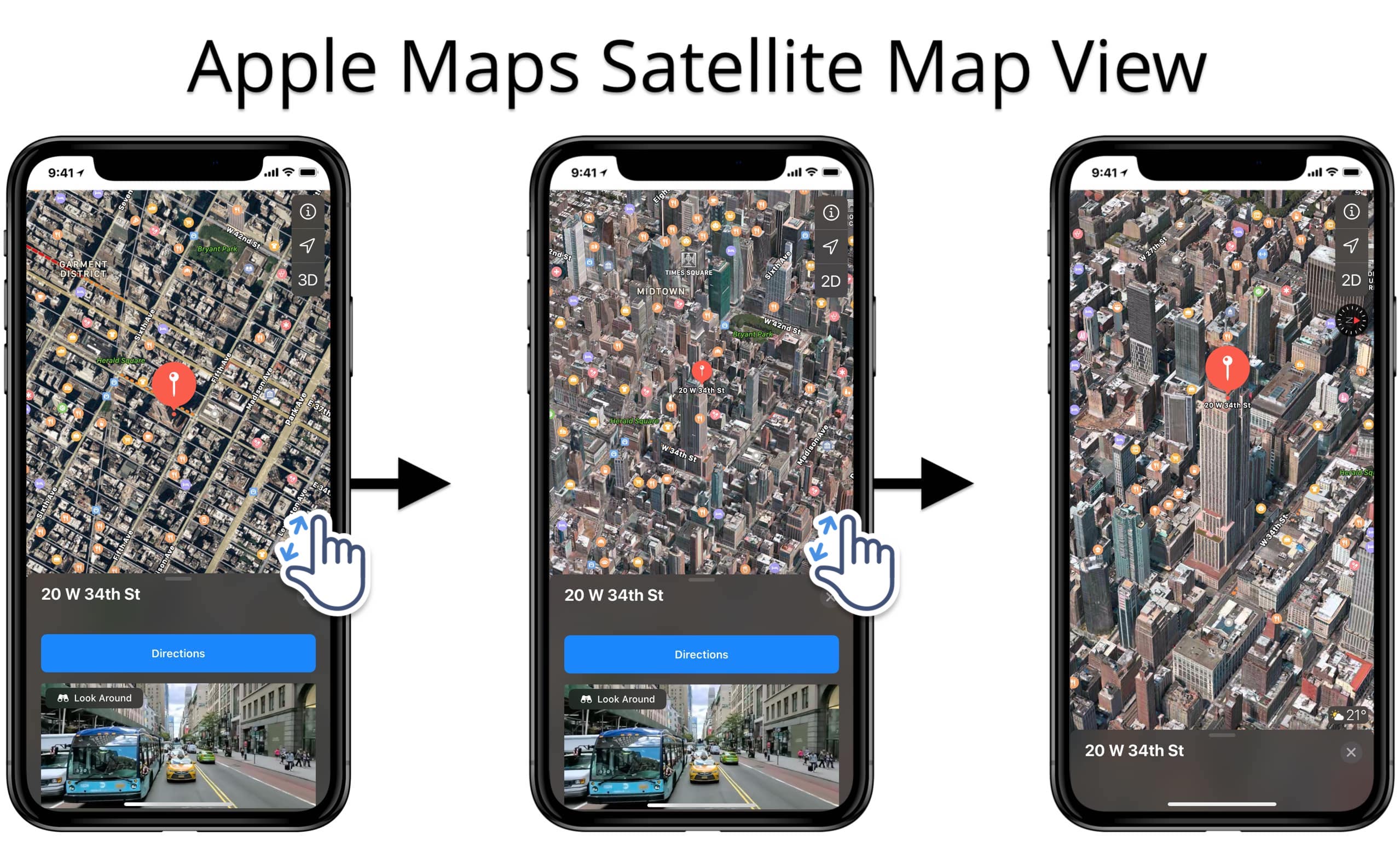 Use Apple Maps satellite map view to see 3D building models of route destinations.