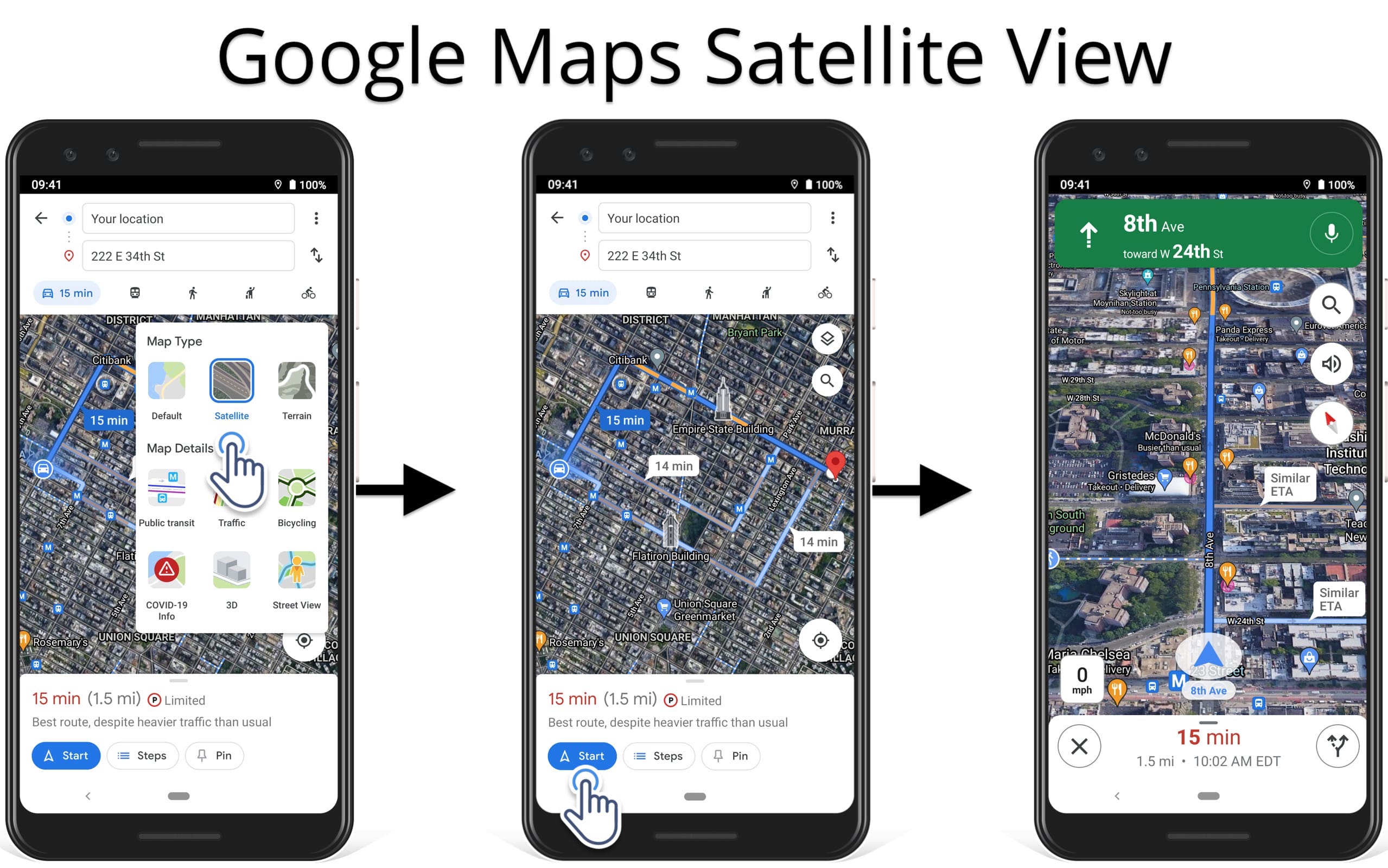 Open and navigate the planned route in Google Maps satellite view.
