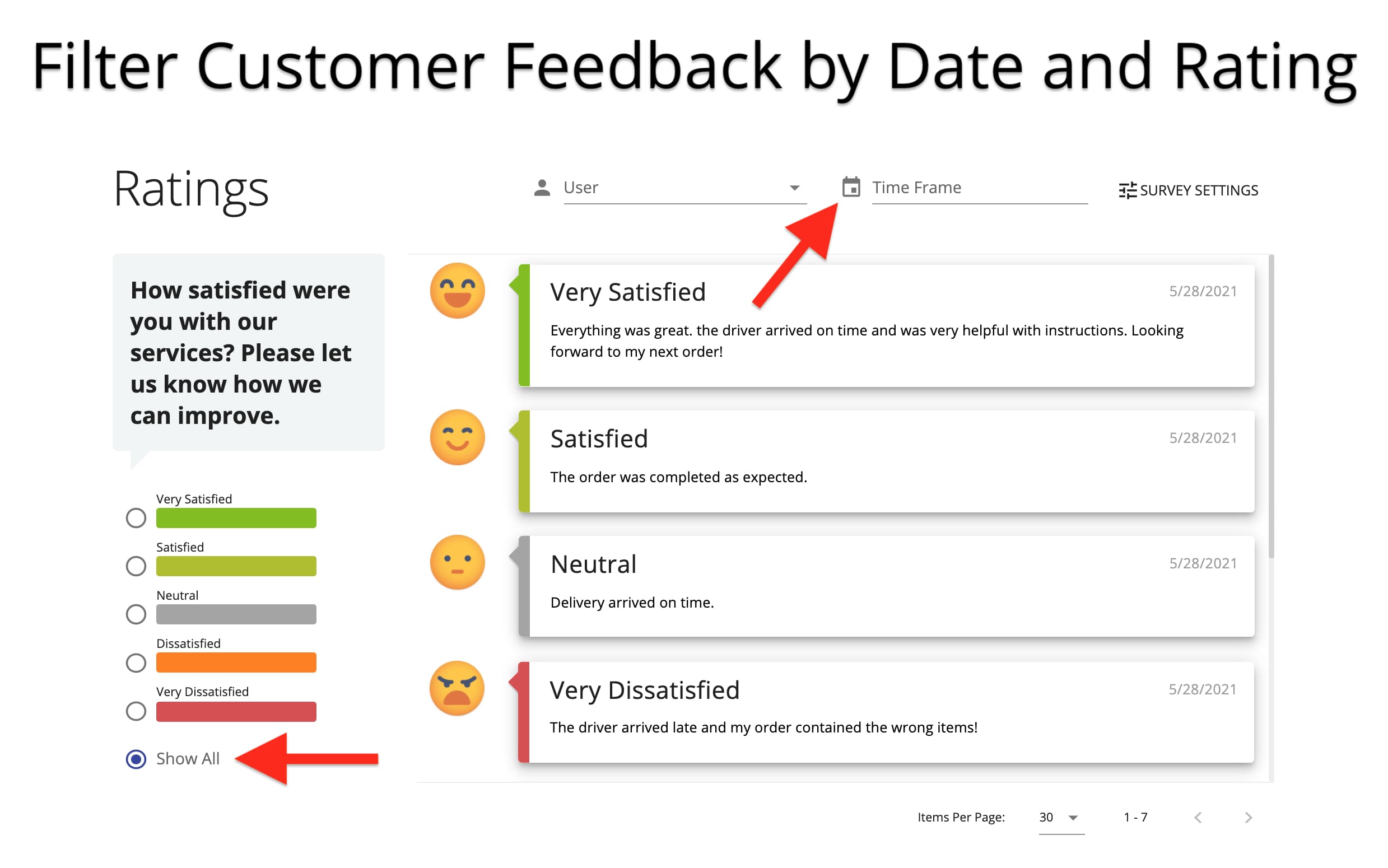 Filter the list of all submitted driver ratings and customer surveys by rating and date.