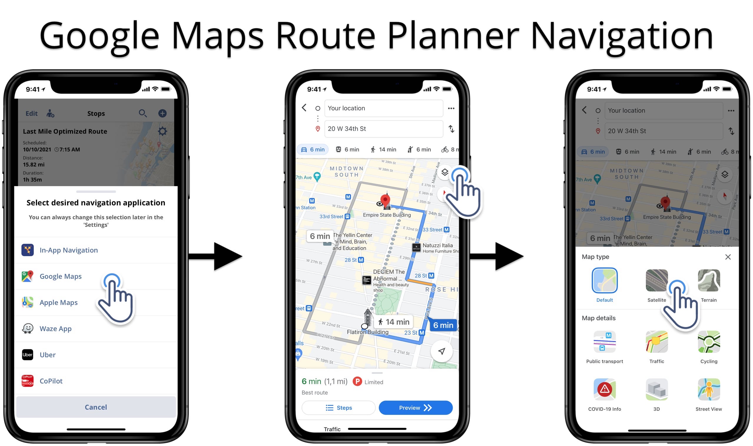 Google Maps route planner navigation with Google Maps satellite view of the map.