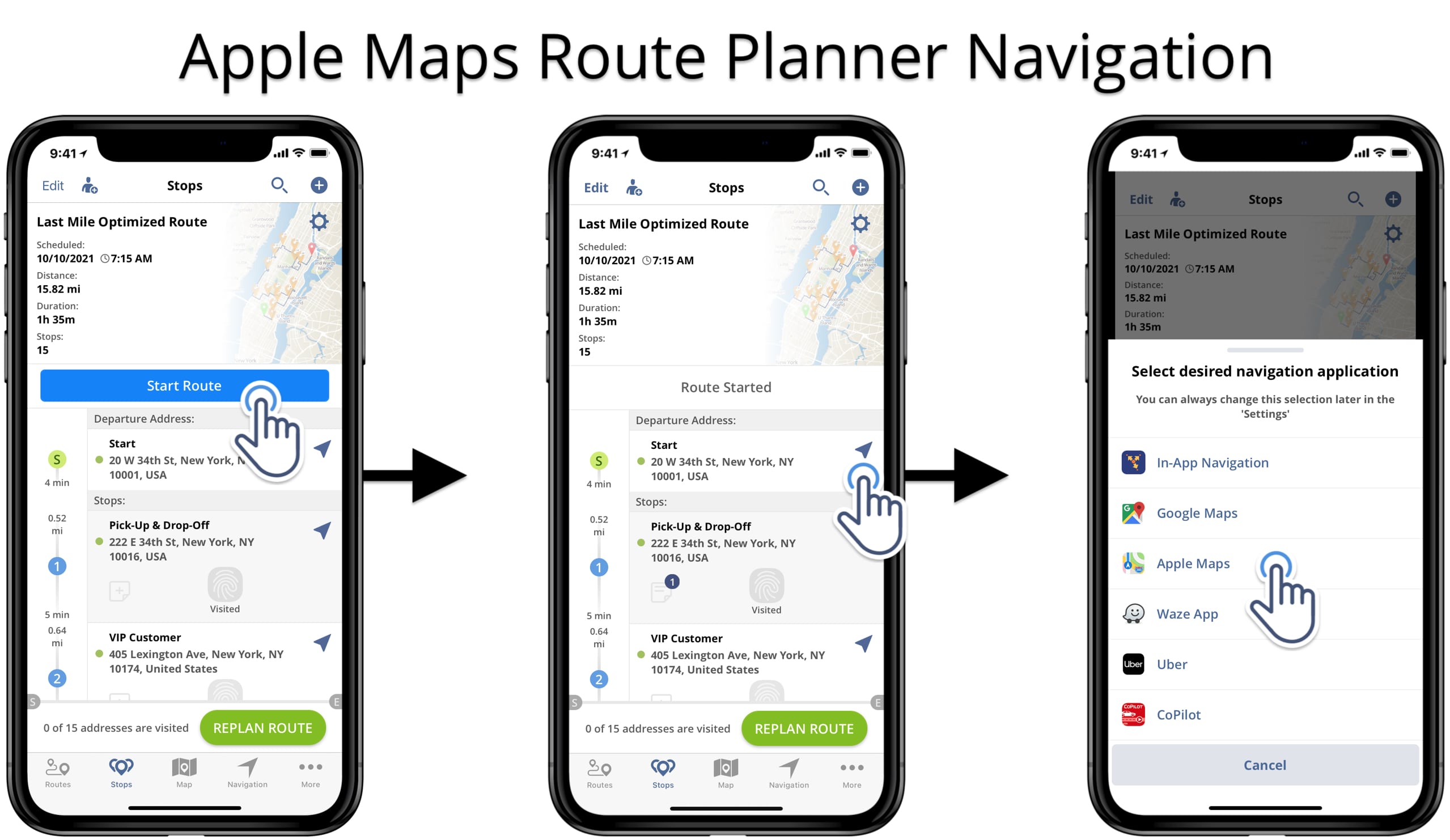 Use Apple Maps to navigate routes planned on the Route4Me iOS Route Planner app.