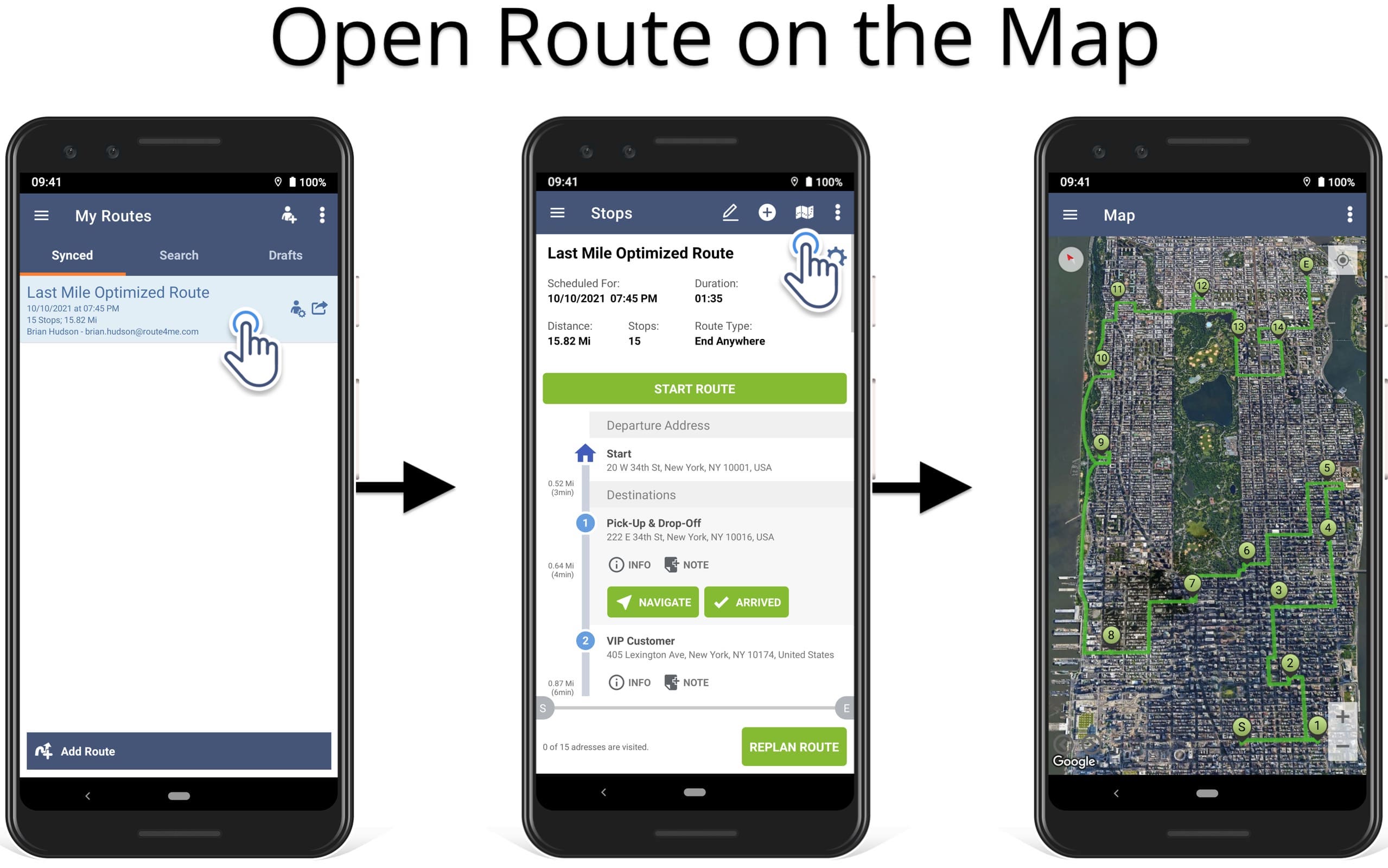 Open planned route on the satellite map in your Android route planner app.