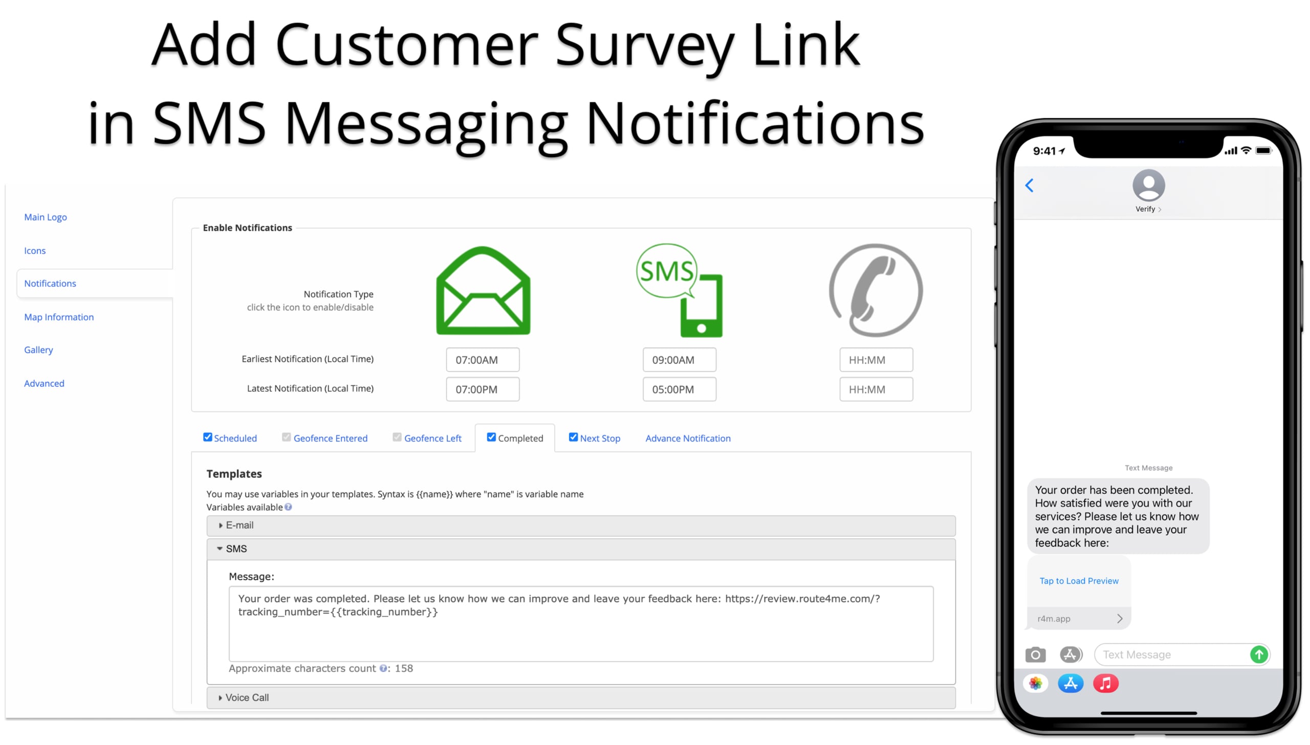 Send driver rating or customer survey page URL in action-triggered SMS notifications.