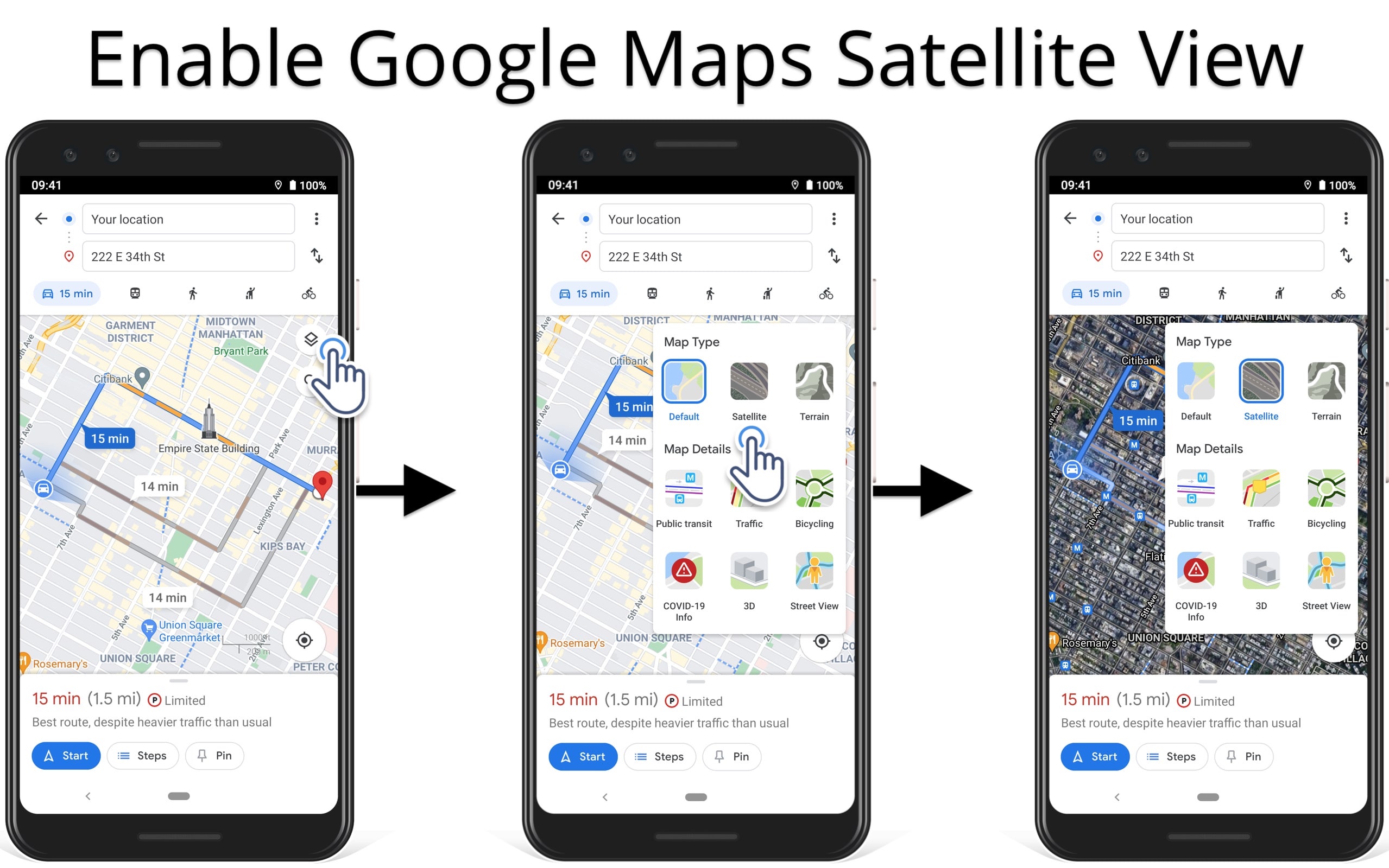 Open Google Maps route in satellite map view.