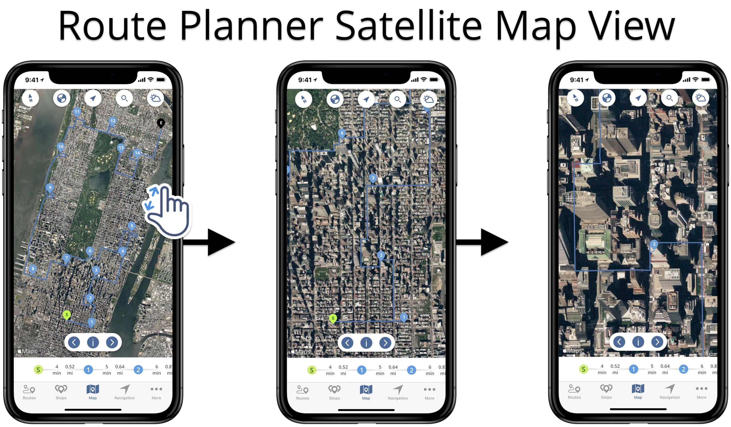 Enable the satellite view and open route on the satellite map on Route4Me's iOS Route Planner.