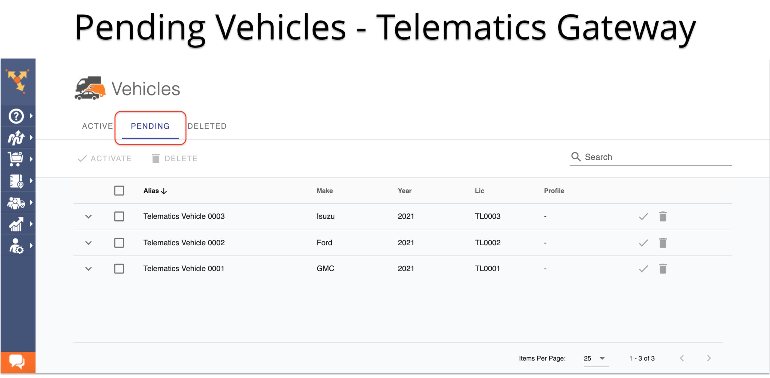 Pending vehicles are the vehicles imported into the Vehicle Editor using the telematics gateway.