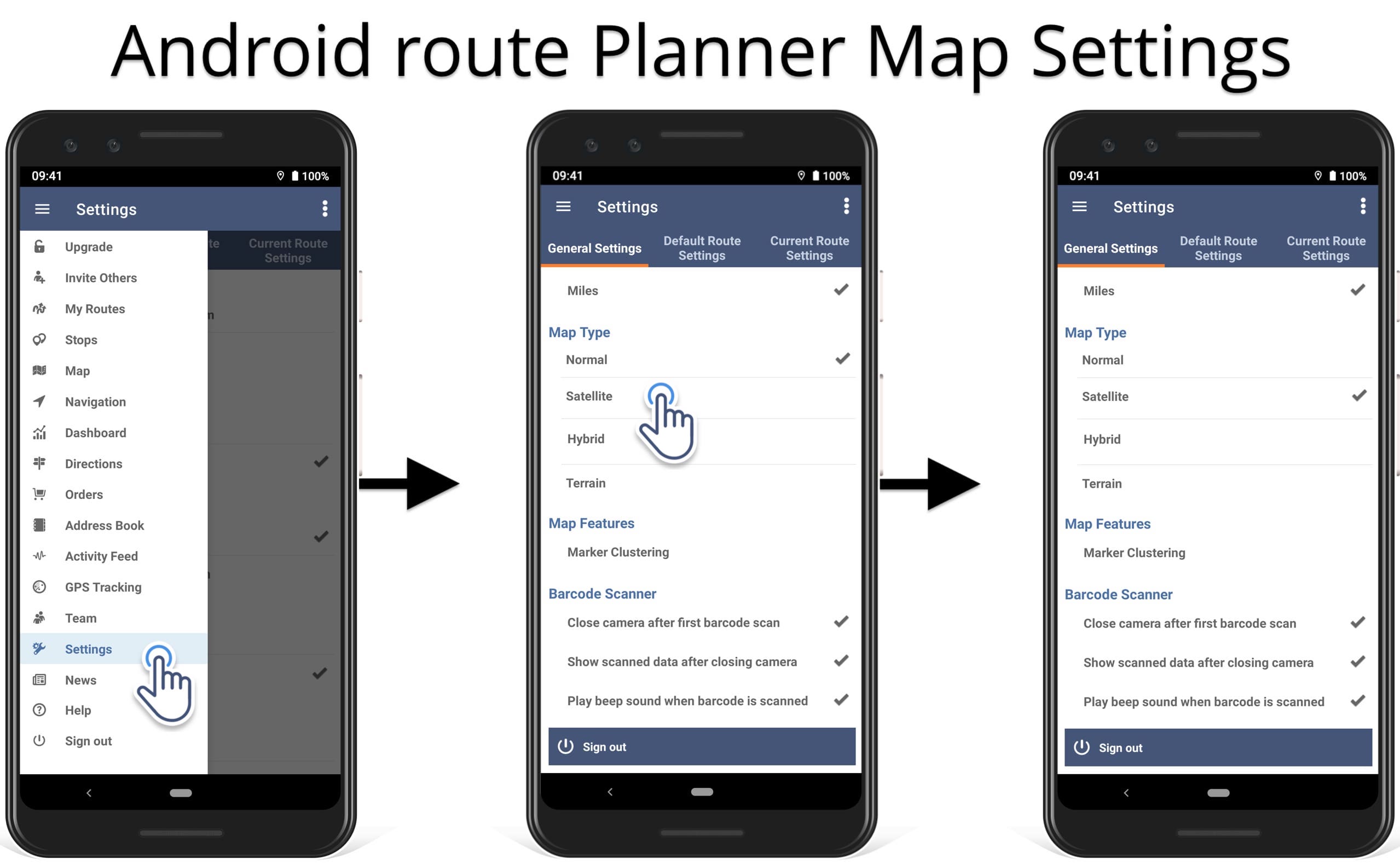 Enable the satellite map view for the route maps on your Route4Me Android Route Planner.