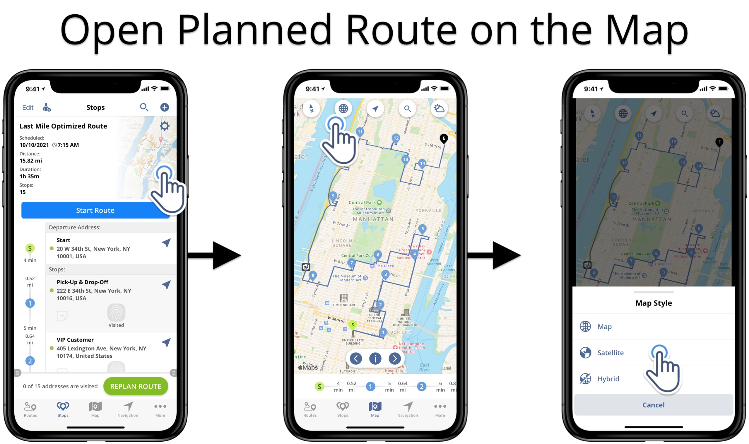 Open the planned and optimized route on the Route4Me Route Planner map for iPhone and iPad.
