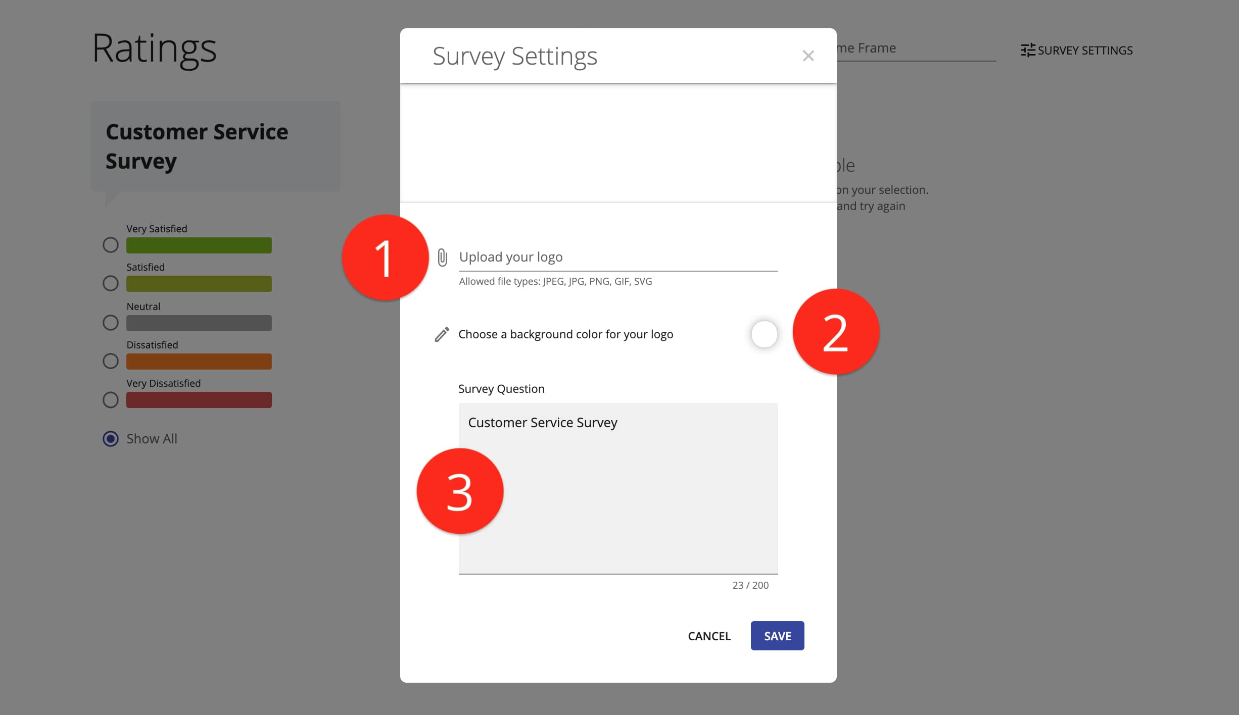 Customize customer survey page by adding your company logo, survey text, and background color.
