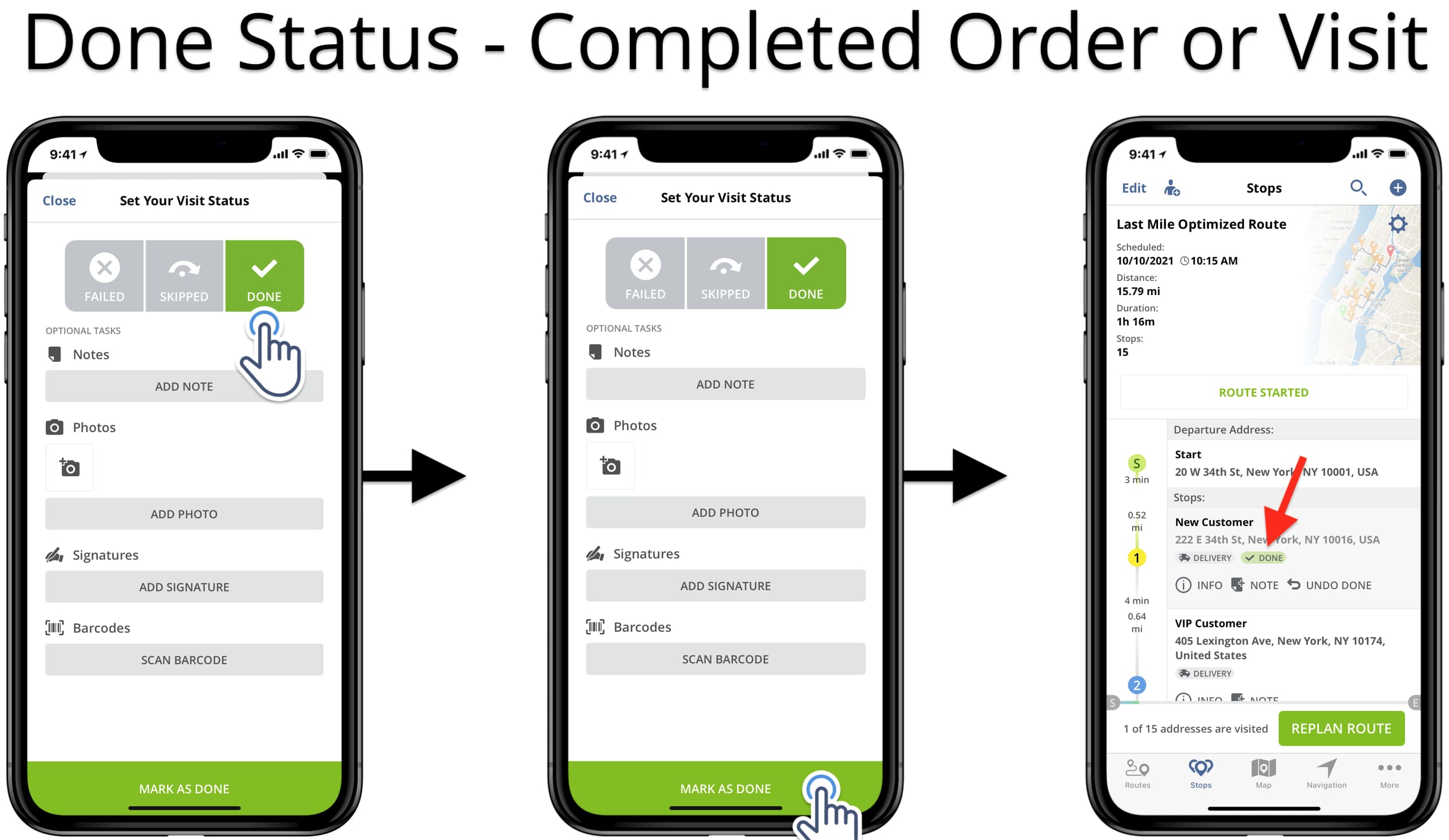 Add Done status to fulfilled orders and completed visits and deliveries on iOS route planner.